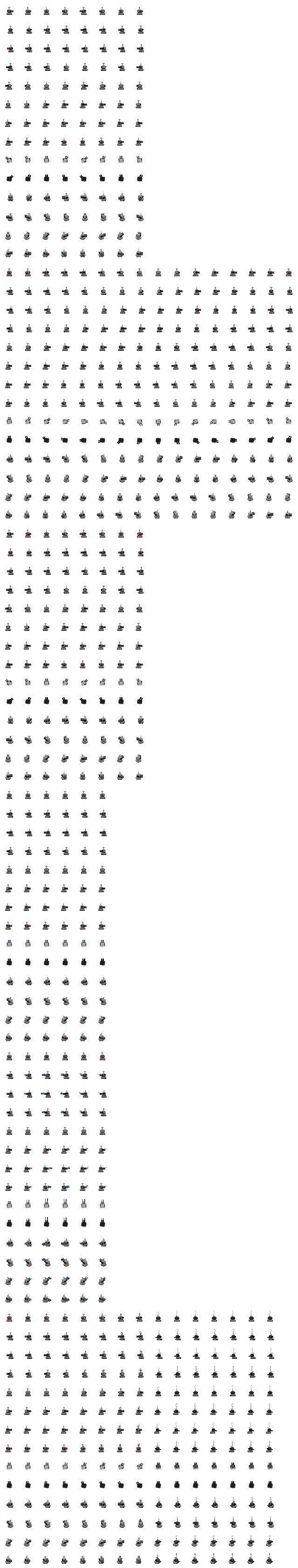 Sci-fi laser turret voxel sprite sheet (idle_scan, rotate_360, idle ...